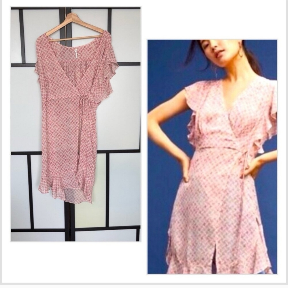 Anthropologie Feather Bone Wrap Dress V Neck Women’s XL Sheer Fairy Preppy Boho